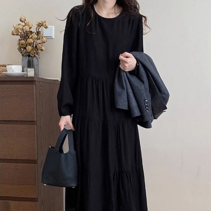 빅사이즈 여성 고급 라운드 긴팔 원피스 가을 원피스 루즈핏 플레어 롱스커트 하객 원피스