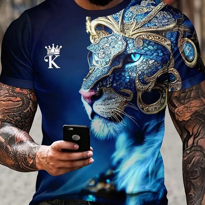 남성용 세련된 사자 나염 셔츠 기능성 크루넥 반팔 티셔츠 야외 활동에 적합