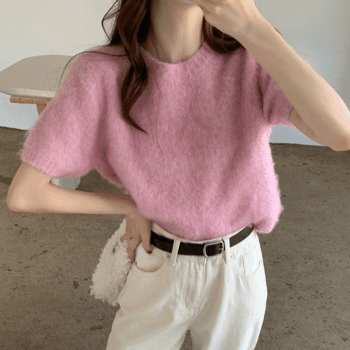 루어스룸 리아 여성 라운드넥 모헤어 퍼프 소매 벌룬 셔링 레이어드 반팔 니트