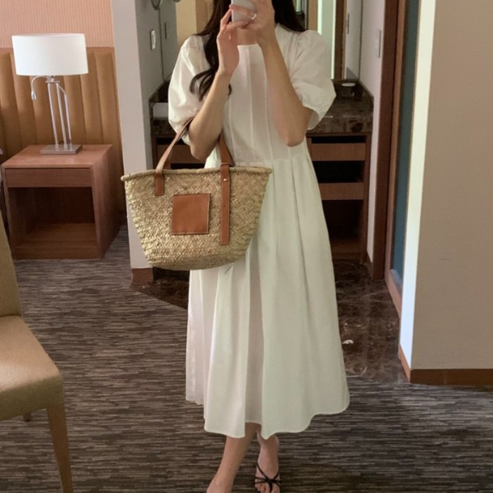 루어스룸 아포 핀턱 주름 라운드넥 루즈핏 a라인 셔링 벌룬 퍼프 반팔 코튼 무지 롱 원피스3color