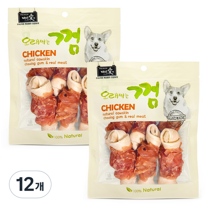 백년애 고기가 2배 이상 말린 오래먹는 강아지껌, 12개, 250g, 닭고기 중형