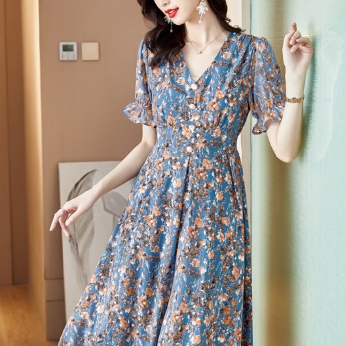 아뗄릭 브이넥 플라워 쉬폰 프릴 소매 플레어 원피스 00840 아뗄릭 브이넥 플라워 쉬폰 프릴 소매 플레어 원피스 00840