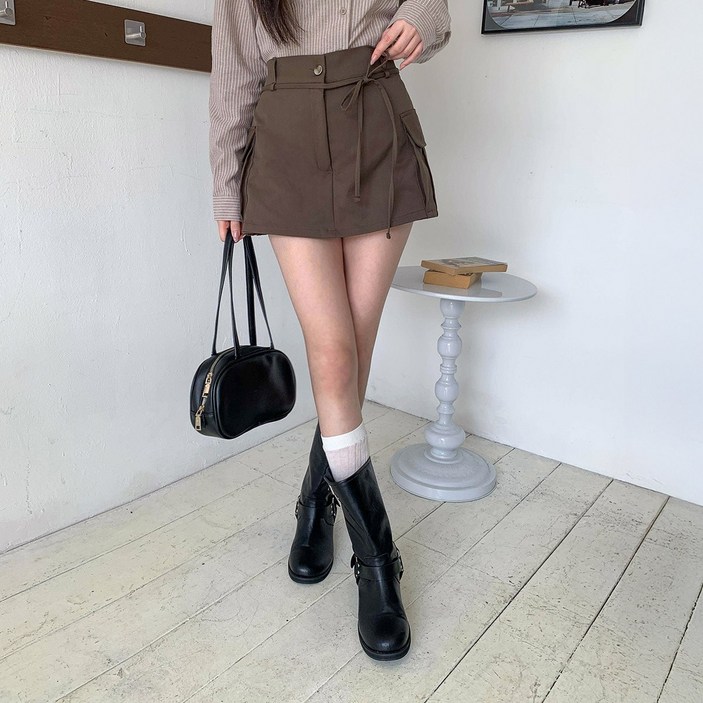 시크블랙 파란하 스트링 카고 치마바지 cpsk7369k58