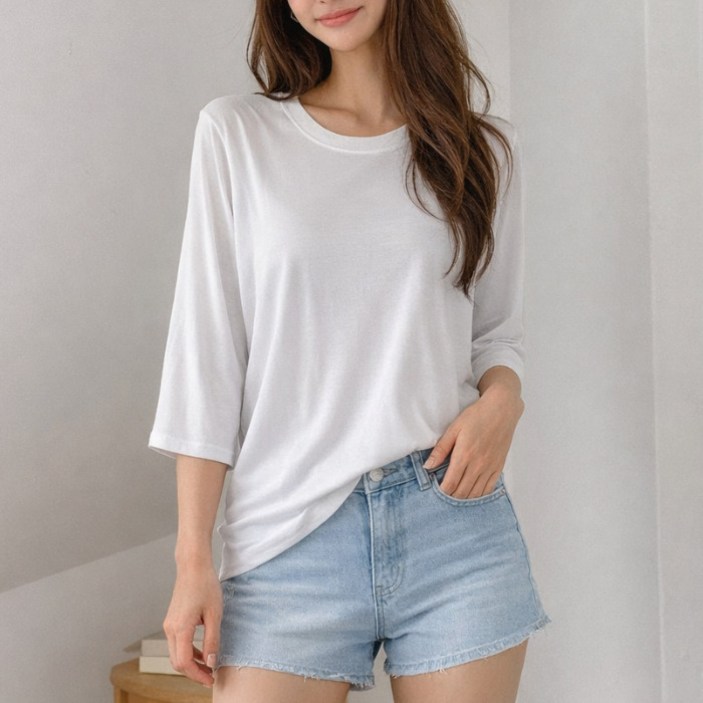 라라온 여성용 무지 스판 라운드넥 8부 티셔츠 26TSP3699