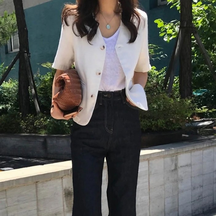 코이드림 빅사이즈 노카라 반팔 자켓