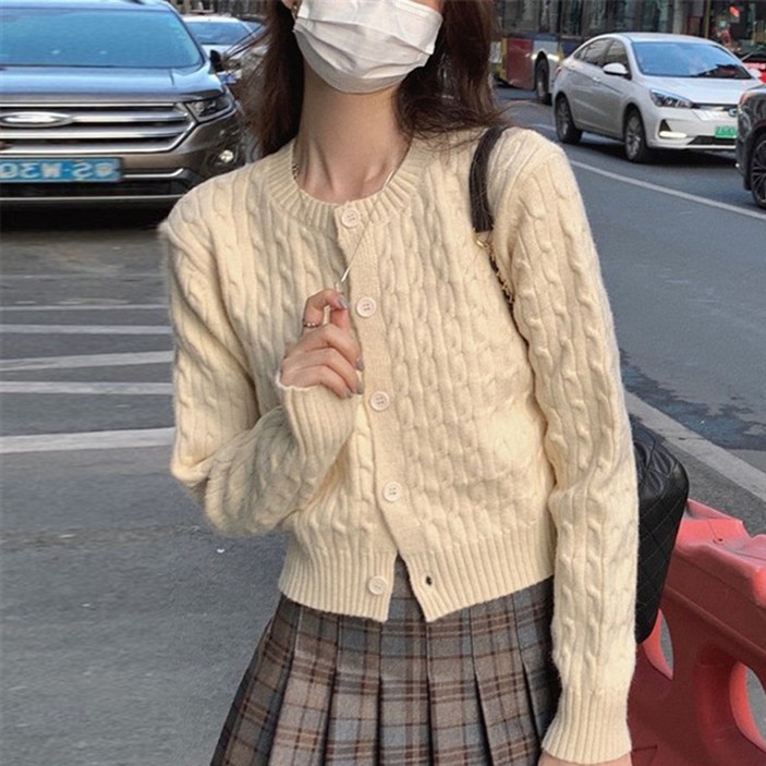 cammello 코지 라운드넥 꽈배기 세미크롭 긴팔 니트 가디건 간절기 아우터