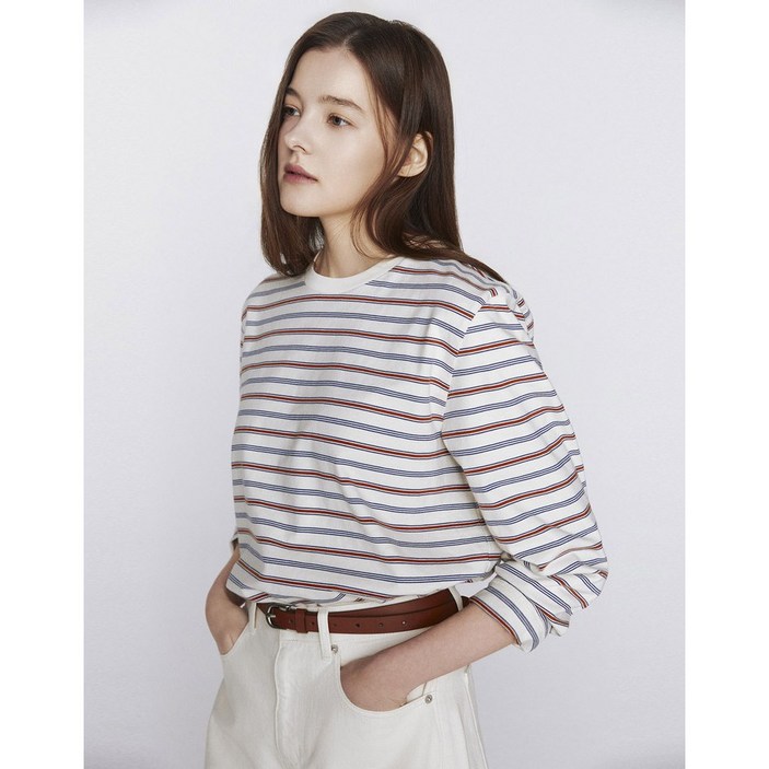 지오다노 여자 멀티 스트라이프 라운드 긴팔 티셔츠 4컬러 326506