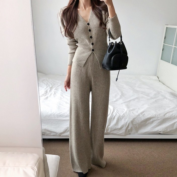 요시아나 당일발송 보나드 포근 골지 니트 가디건 롱팬츠 투피스 세트 2컬러