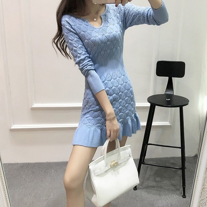 블링앤수 여성 라운드넥 슬림핏 머메이드 미니 원피스 KZZ742