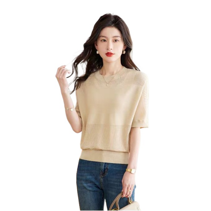 MC 여성용 얇은 반팔 니트 라운드넥 티