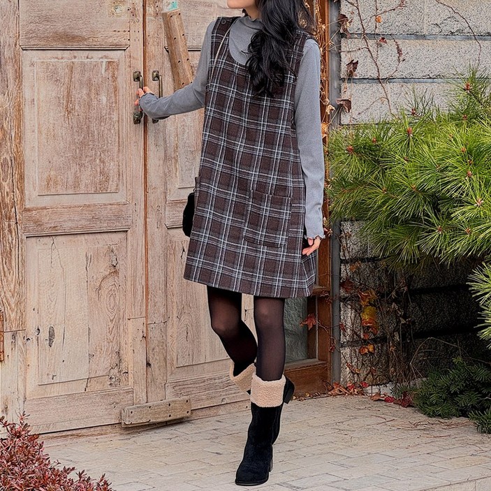 로로텐 체크 뷔스티에 미니 원피스 U넥 여성 빅사이즈