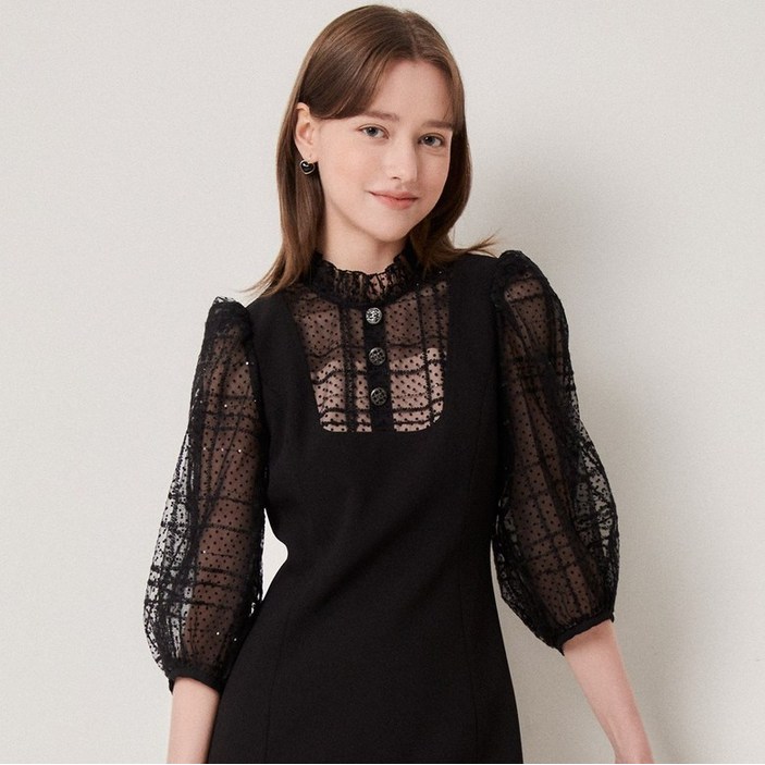 JJ지고트 JJ JIGOTT 스팽글 장식 메시 배색 원피스GN8A0OP30 463038