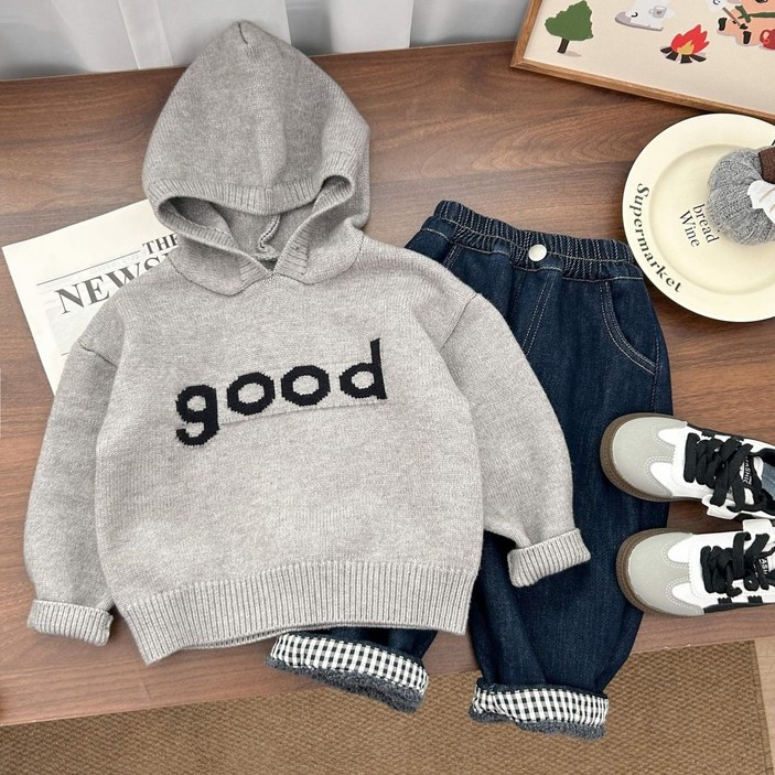 아짱 키즈 겨울신상 상하세트 니트후드티+데님바지세트 구성