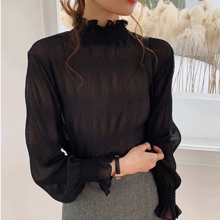 WPUY 프릴넥 블라우스 봄가을 여성용 긴팔 블라우스 하프 터틀넥 블라우스 살구 레이스 러플블라우스 여성 슬림핏 긴팔 셔츠 오피스룩 데일리룩 상의