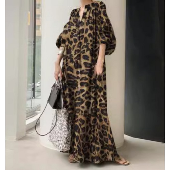 한국 봄가을 신상 패션 브이넥 기질 호피 프린트 루즈핏 캐주얼 퍼프 긴팔 원피스 여