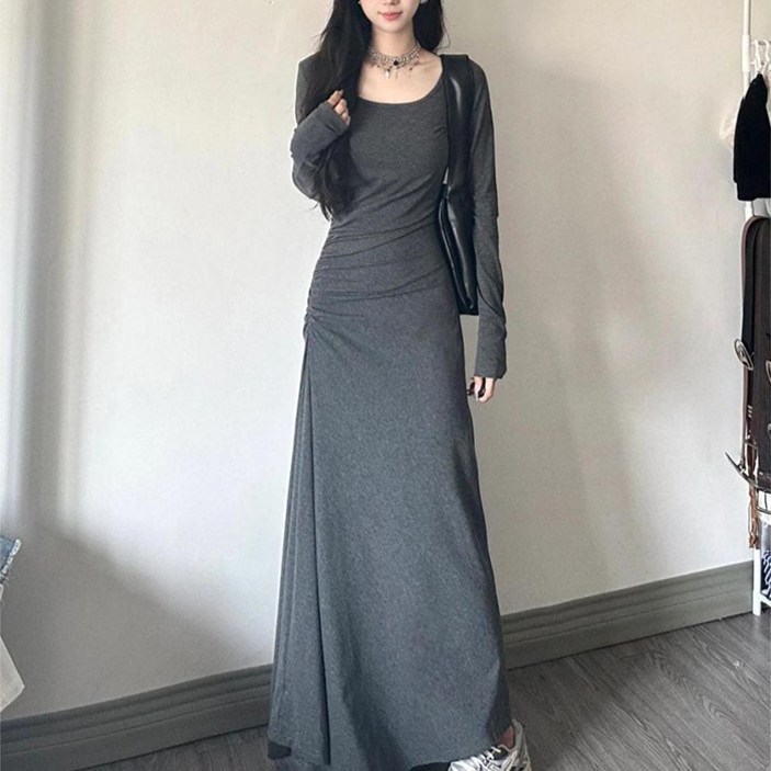 슬림소녀  여성 봄여름 데일리 롱 슬림  긴팔 솔리드 무지 랩 원피스