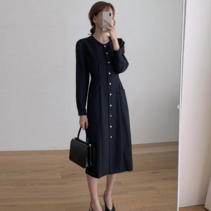 여성 고급 정장 하객룩 핀턱 버튼 퍼프 소매 롱 원피스