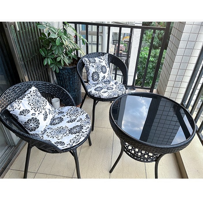 라보야 라탄 테이블 의자 2개 세트 야외 발코니 카페 커피 티테이블 원형, 블랙테이블+의자2개세트