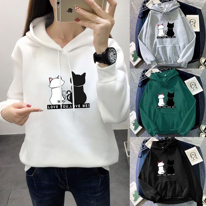 pm6 여성 고양이 맨투맨 기모 오버핏 후드티