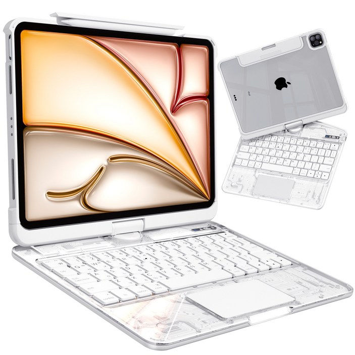 AITEWO 아이패드 매직키보드 케이스 펜슬 수납 360도회전 일체형 각도조절 투명 백라이트 터치패드 에어7/6/5/4/3/2/1세대 프로11/10.9/13/12.9인치, 아이패드 프로 7세대 M4 13인치, 투명 화이트
