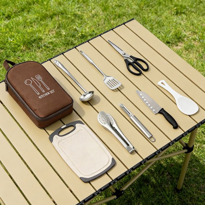 C.partner 다기능 캠핑 주방 도구 세트 9개 구성, 1세트, 갈색