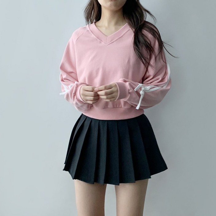 러블리 데이지클로젯 버디 브이넥 리본 오버핏 맨투맨  봄 가을 간절기 두줄 라인 트랙 긴팔 여성 여자 티셔츠 루즈핏 빅사이즈 아방핏 학생 기본템 데일리룩 꾸안꾸