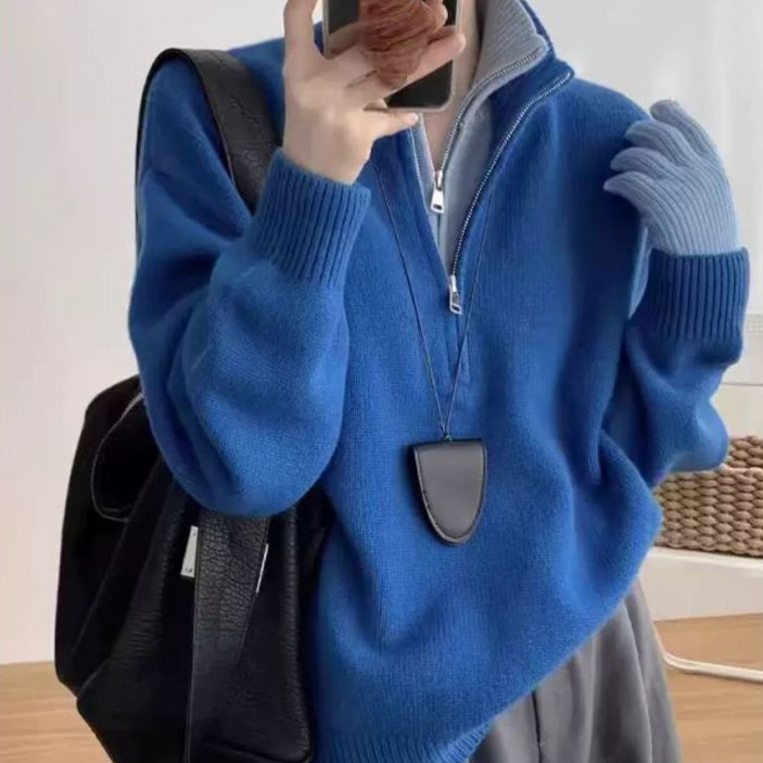 페이준 여성 가을 겨울 레이어드룩 하이넥 반집업 풀오버 스웨터 도톰 니트 YJ1584