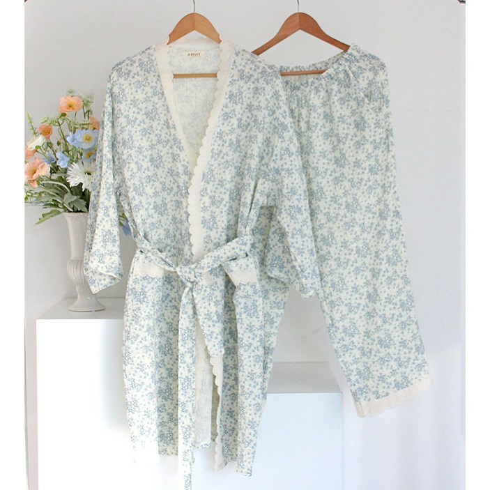 [서울양품점] 엔젤 이중지 로브가운 상하세트 샤워가운 커플홈웨어, 1개, 레이스블루 L