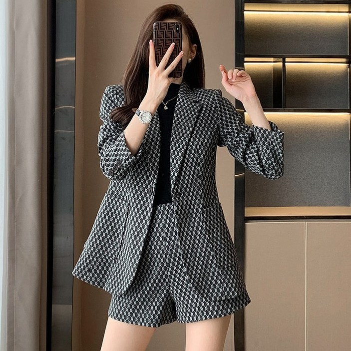 패션고리 봄 가을  여성 카라넥  체크무늬 정장 투피스 세트 Y9298