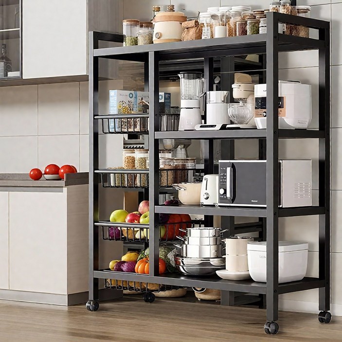 철제 주방 수납 선반 다용도이동선반 선반 3개 4개 탈부착 가능 바구니 길이 800mm조립식선반 전자레인지 선반 앵글선반