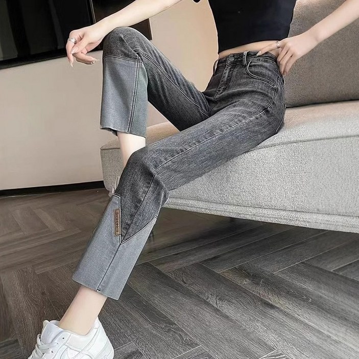 슬림 스트레이트 데님 크롭팬츠 9부패치워크 디자인 데일리 청바지