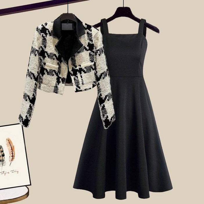 Asure 여자 가을 겨울 클래식 하객룩 트위드 자켓 원피스 투피스 세트