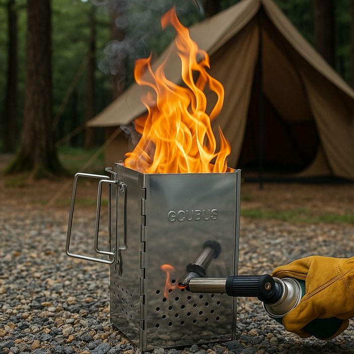 캠핑몽 특대형 사각 스텐 차콜스타터 접이식 휴대용 점화기 착화기 침니 숯불 화로 바베큐그릴, 1개