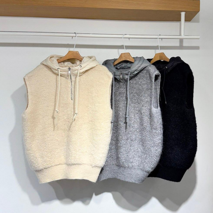 더예삐 여성 데일리 패딩후드 부클 반집업 베스트 니트조끼 4color