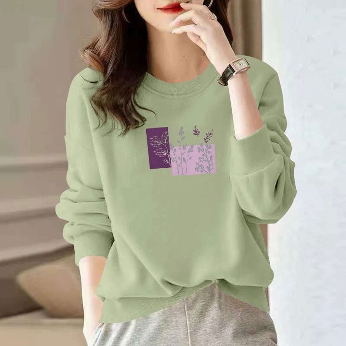 Makone 여성 라운드넥 순면 긴팔 티셔츠 플라워 프린트 패션 캐주얼 데일리 맨투맨