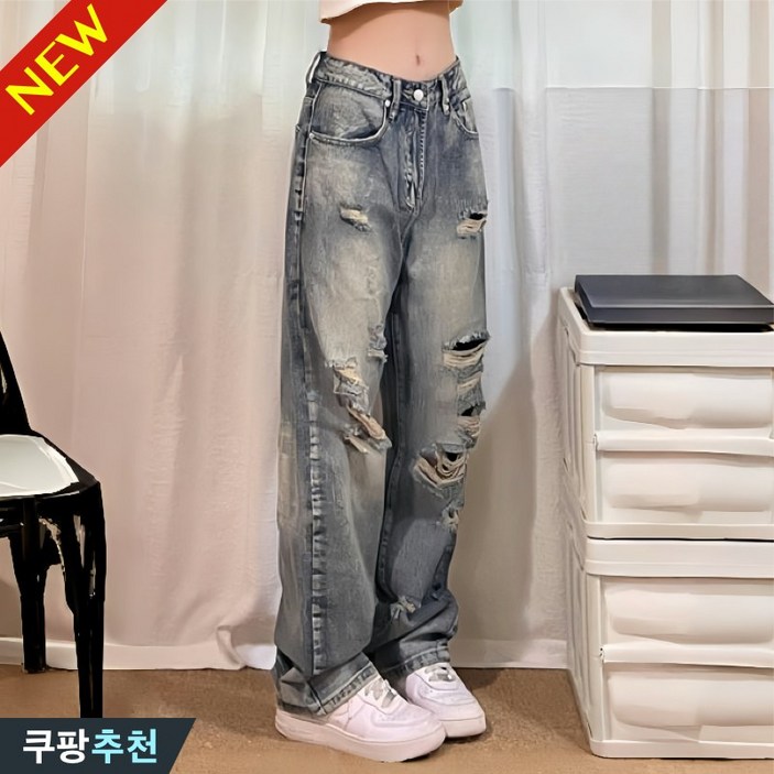 (다리 길어보이는) 80kg까지 빅사이즈 여성 빈티지 찢어진 힙합 일자 데님 팬츠 봄 가을 편한 트렌드 컷팅 포켓 디자인 롱 바지 블루 하이웨이스트 학생 와이드 캐주얼 청바지