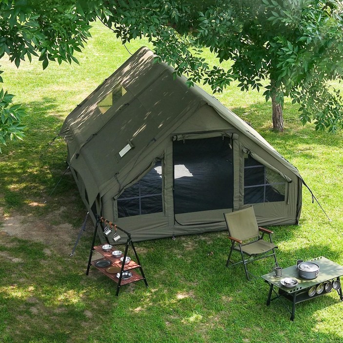 48인용 인플레이터블 캠핑 텐트  퀵설치 에어텐트, 4계절 방수 휴대용 아웃도어 텐트 스토브 잭 포함, 메쉬 창문  도어, 초대형 캐노피 리빙룸 설계로 캠핑 및 야외 활동, 그린