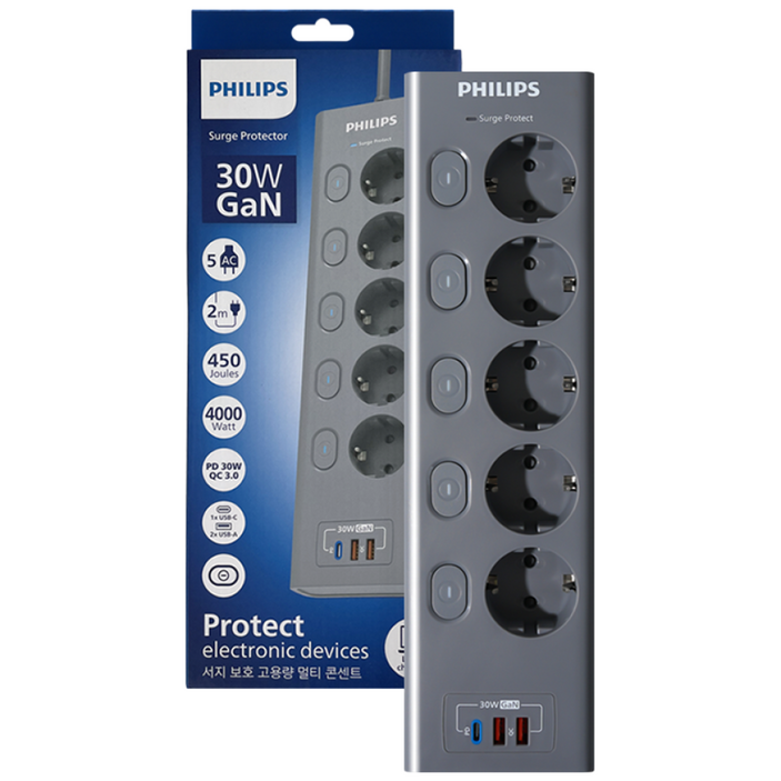 필립스 멀티탭 맥스플러스 USB 서지보호 고용량 개별스위치 고속충전