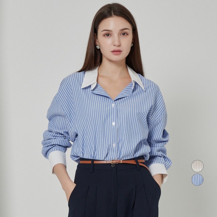 ELLE PARIS 여성용 배색 스트라이프 셔츠 ELLE PARIS 여성용 배색 스트라이프 셔츠