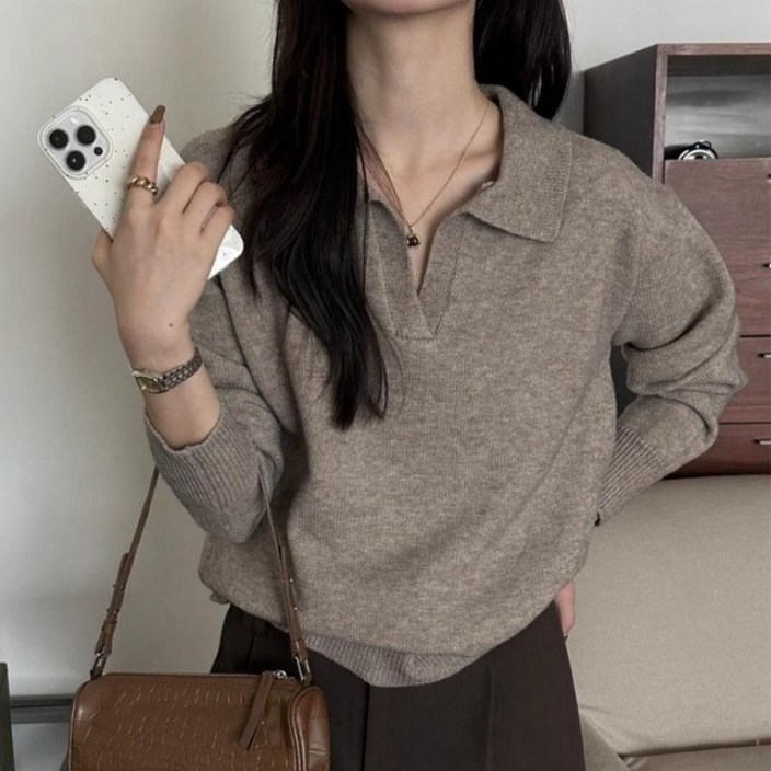 아이엠몽 여성용 루즈 카라넥 브이넥 긴팔 니트 티셔츠 R5W087