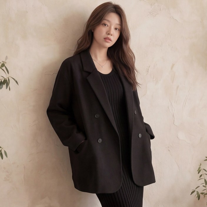 키크온 여성 오버핏 더블 테일러드 자켓 빅사이즈 봄가을용 긴소매 폴리에스터