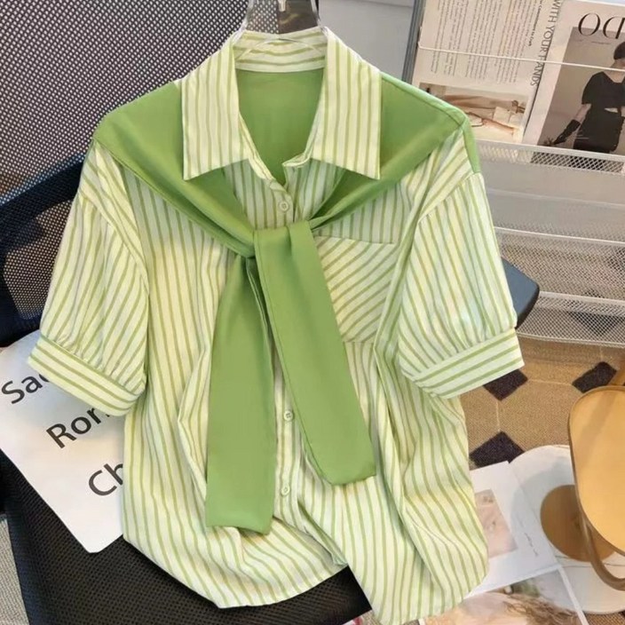 [당일 출고] 여성용 시크 스트라이프 반팔 셔츠, 여름 블라우스 숄, 페이크 투 루즈 셔츠, 한국 오피스 레이디 캐주얼 상의 포켓