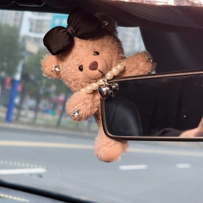 귀여운 곰돌이 자동차 룸미러 커버 악세사리, 1개, 블랙 리본  진주 목걸이 곰