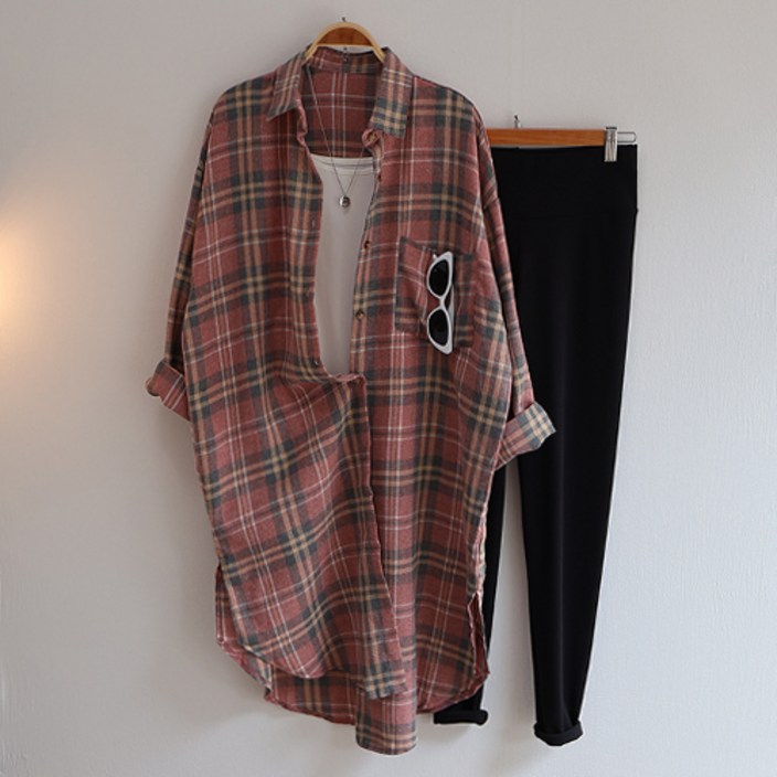 스카이코코 겉기모 남방 파스텔 체크 셔츠 롱 원피스