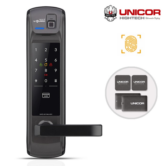 유니코 레체2 지문인식+카드키4개+번호키 즉시잠김 잠김속도조절 이중인증[선택가능] 내/외부강제잠금 지문인식 100개 복수비밀번호 마스터번호[카드]기능 현관문 디지털도어락 도어록, 유니코 레체2, 고객직접설치