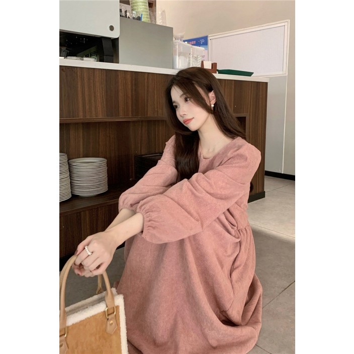 시크 핑크 코듀로이 원피스 여 가을 서양풍 허리 조이는 벌룬 소매 숙녀 A라인 스커트