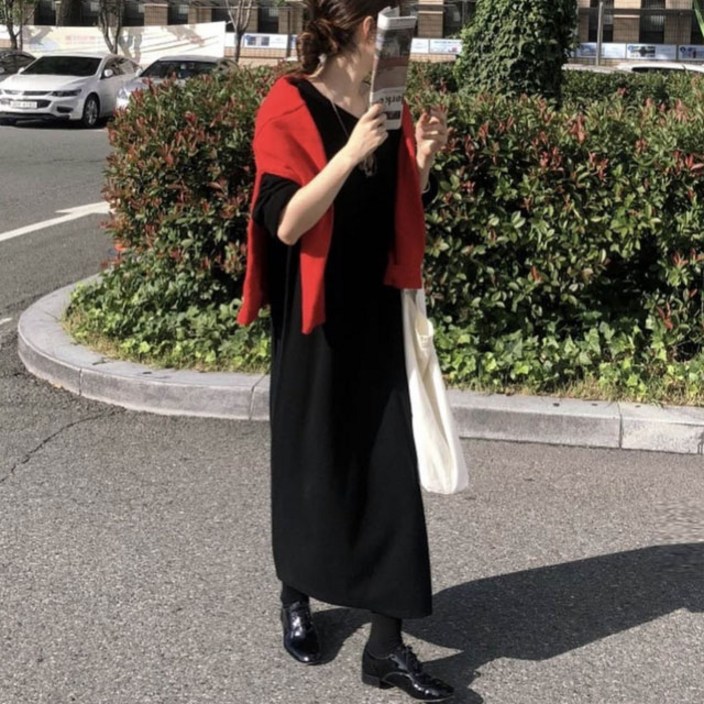 루어스룸 데일리 간절기 여성 루즈핏 브이넥 데일리룩 베이직 빅사이즈 니트 원피스 하객룩 니트원피스