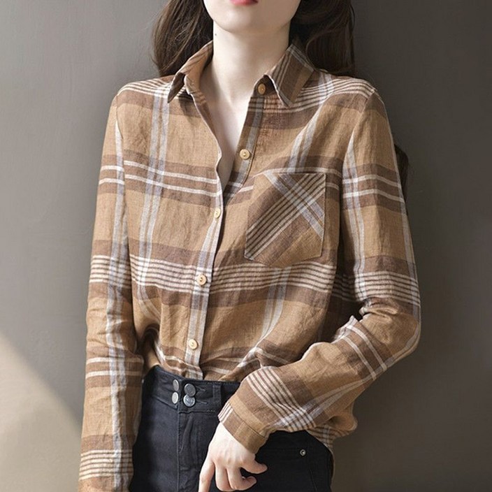 POMTOR 여성용 봄 가을 브라운 체크무늬 긴팔 캐주얼 셔츠 코튼 루즈핏 블라우스 POMTOR 여성용 봄 가을 브라운 체크무늬 긴팔 캐주얼 셔츠 코튼 루즈핏 블라우스