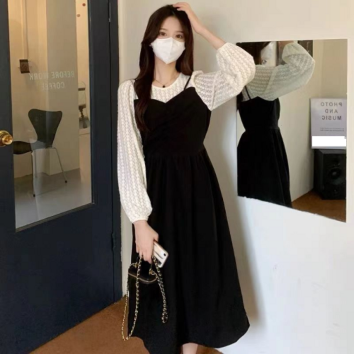 네디아 긴팔 슬림 페이크 투피스 미디 원피스 스몰부터 빅사이즈까지 레이스 드레스