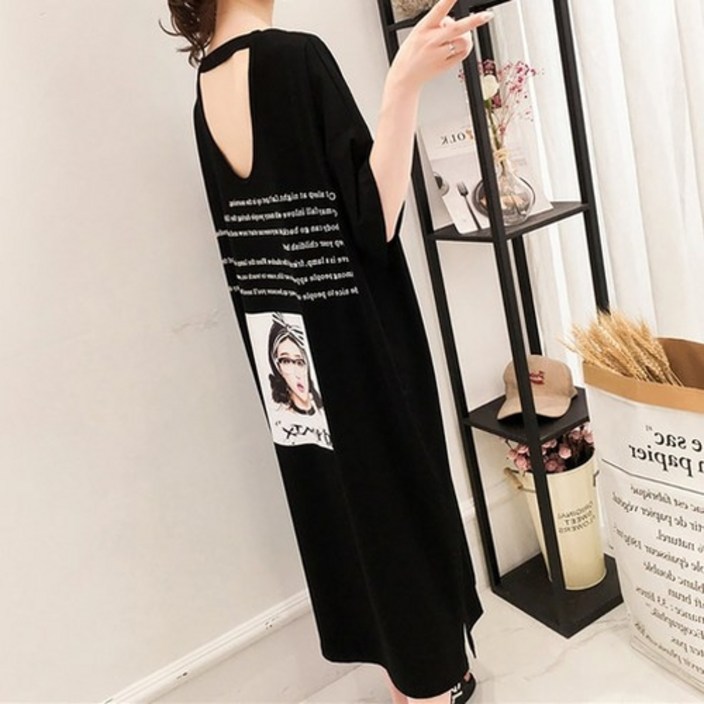 PU_백트임 프린팅 롱 원피스티